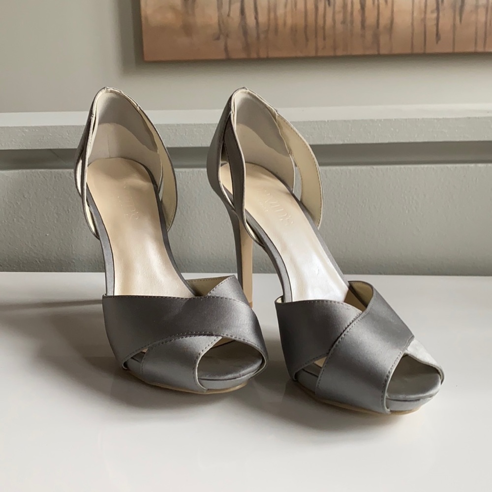 Satin silver peep toe heels